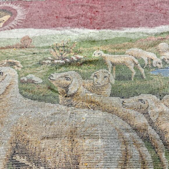 VTG 1970s Jesus The Good Shepherd Christian Tapestry Rug Wall Hanging 43”x 20” - Picture 15 of 16